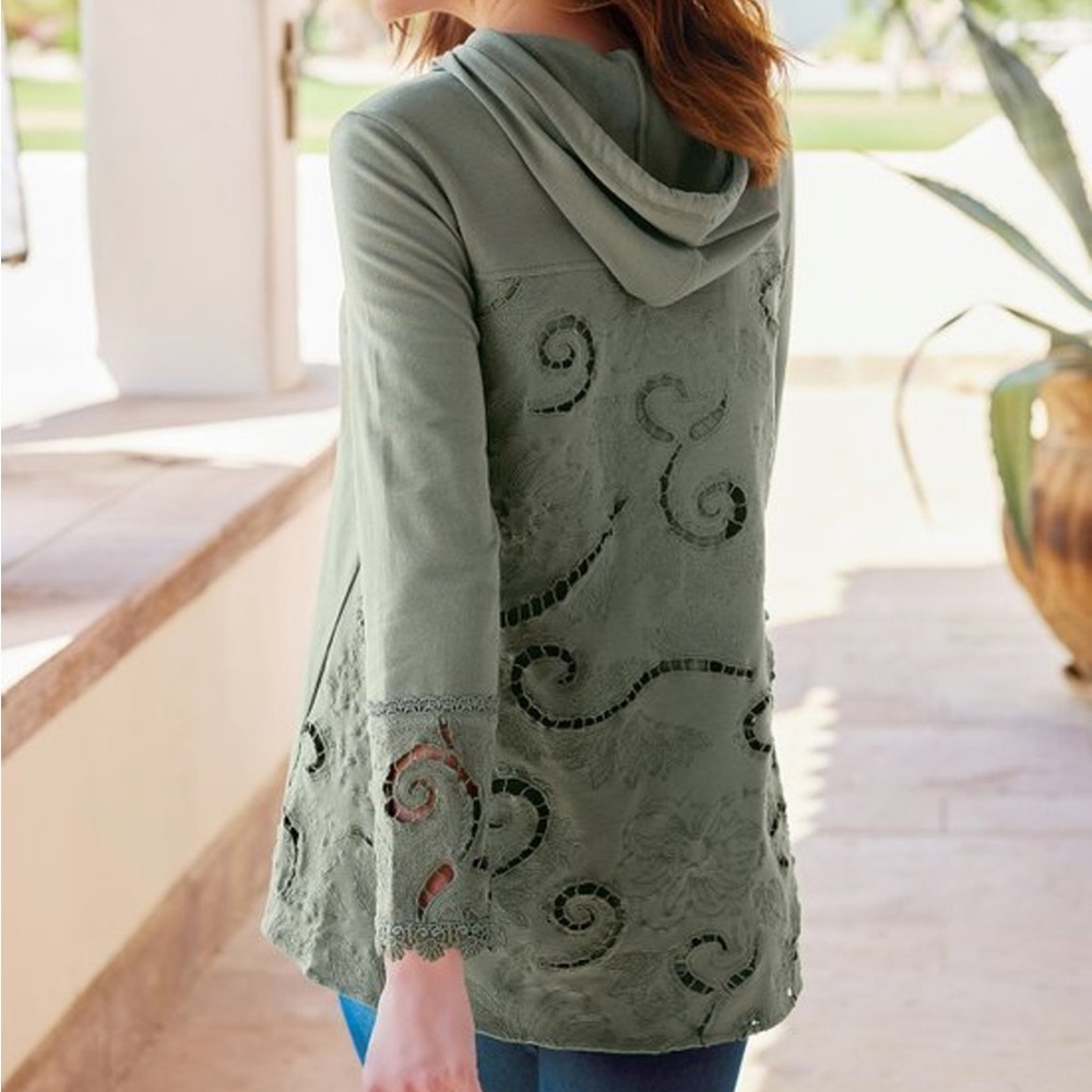Soft Surroundings Dione Top Hoodie Green Floral Cutwork Embroidered Medium NWT